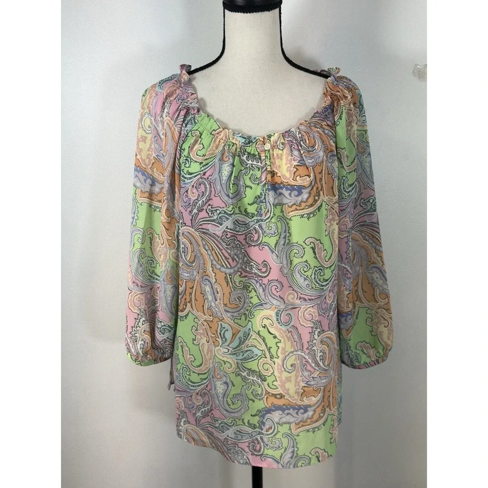 Chaps Multi-Color Paisley Semi Sheer Boho 3/4 Length Sleeve Top Sz Medium - Picture 1 of 8